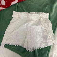 Never Worn, White, Comes With Belt, Size Large, Stretch Waist Band Cute White Shorts With Elastic Waistband, Cute White Vacation Shorts, Cute White Spring Shorts, Cute White Bottoms With Elastic Waistband, Cute White Vacation Bottoms, Cute White Beach Bottoms, Cute White Shorts For Day Out, Romper Long Pants, Girl Sweat