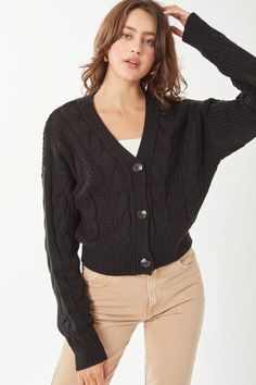 *All sale items are final sale. No exceptions. The classic cardigan is making a comeback in the best way possible. Eye-catching cable knit texture creates this updated sweater with drop shoulders, a classic v-neck, and buttons down the front. What more could you want from a cardigan? This one has it all. DETAILS: 81% polyester / 19% acrylic View sizing chart Knit Texture, Classic Cardigan, Classic Sweater, Sizing Chart, Drop Shoulder, Cable Knit, Sale Items, Final Sale, Cable