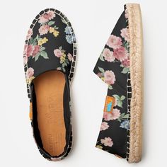 Chic cottage style floral design inspired by vintage chintz featuring clusters of pastel pink, blue and white posies and leaves. Background and lining colors can be changed (black used in preview). Espadrilles Flats, Floral Espadrilles, Spanish Espadrilles, Espadrilles Shoes, Espadrilles Style, Casual Footwear, Women's Espadrilles, Black Liner, Everyday Shoes