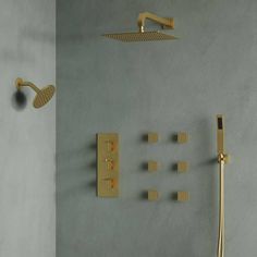 the shower head and hand shower faucet are shown in two different styles, one gold