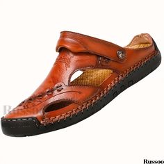 Russoo - Premium Mens Stitched Non-slip Sandals: Assorted Colors, Durable, Quick-Dry, Closed Toe Beach Shoes for Spring and Summer Brown Round Toe Slip-ons For Summer, Comfortable Brown Slip-ons For Summer, Brown Casual Slip-ons For Summer, Comfortable Brown Summer Slip-ons, Brown Summer Slip-ons With Round Toe, Brown Summer Slip-on Shoes, Casual Summer Outdoor Slip-ons, Summer Beach Leather Slip-ons, Leather Slip-ons For Beach In Summer