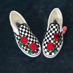 Checkered Embroidery Rose Vans Cool Custom Vans That’s Perfect For The Summer This Item Is Unisex So Anyone Can Rock This Please Allow 5 Business Days For Delivery Red Vans Custom, Floral Checkered Vans, Vans Shoes Checkered, Checkered Embroidery, Vans Embroidery, Vans Shoes Fashion, Rose Vans, Shoe Painting, Vans Custom