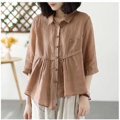 Women Retro Loose Casual Summer Linen Blouse Casual Brown Blouse With Buttons, Casual Brown Summer Blouse, Brown Collared Blouse For Spring, Brown Collared Spring Blouse, Collared Brown Blouse For Spring, Spring Collared Brown Blouse, Casual Brown Collared Blouse, Brown Spring Top With Buttons, Brown Collared Blouse With Relaxed Fit