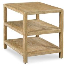 a small wooden table with two shelves on each side and one shelf below the top