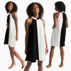 Elegant yet simple classic black & white color block 2 tone women's halter-neck dress. Handmade from polyester chiffon material and fastened in the back with two chic pearl buttons. Lightweight, flowy fabric with white pearl button back closure it will help keep you cool through the hotter months. * Fully lined * Printed, cut, and individually made (not mass produced) ❤️ Sizes XS - 2XL Measurements may vary +/- 1" per size Checkout the size table picture BEFORE ordering - thanks. Any questions p Black Sleeveless Color Block Dress, Retro Black And White, Dress Halter Neck, Toned Women, Color Block Dress, Halter Neck Dress, Dress Retro, Dress Halter, Women Halter