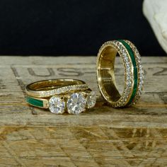 "Specifications (Men's Ring): - 2.25mm Yellow Gold (Or Metal of your Choice) With 1.75mm Round Lab Diamonds - 1.5mm Full Malachite - 2.25mm Yellow Gold (Or Metal of your Choice) With 1.75mm Round Lab Diamonds The total width of this ring is 6mm, Comfort Fit Specifications (Women's Ring): Yellow Gold Gold (Or Metal of your Choice) Main Ring with: - 6.5mm (1ct), Round Moissanite Center Stone - 2 x 5mm (1ct total) Round Moissanite Side Stone - Full Malachite Channel This ring comes in a Standard Fi Luxury Green Channel Set Rings, Luxury Emerald Rings With Channel Set, Luxury Emerald Rings Channel Set, Three Diamond Ring, Band With Diamonds, French Cut, Malachite Stone, Round Moissanite, Matching Band