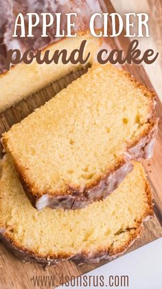 a loaf of apple cider pound cake on a cutting board with two slices cut out