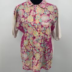 Lovely New With Tag Vintage Fiorucci Shirt. Has Price Tag - Never Worn! Beautiful Pink Floral Pattern With White Sleeves And Back. 20 In Across Top Chest. Medium Or Large Size Shirt Size Tag Not Included On Garment. Excellent Condition. About A 16 In Neck. Pink Cotton Shirt With Camp Collar, Pink Collared Camp Shirt For Casual Wear, Pink Cotton Shirt With Placket, Pink Cotton Short Sleeve Camp Shirt, Casual Pink Collared Camp Shirt, Pink Camp Collar Casual Shirt, Long Sleeve Cotton Hawaiian Shirt With Floral Print, Pink Casual Shirt With Camp Collar, Pink Relaxed Fit Collared Camp Shirt