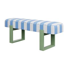 a bench with blue and white stripes on the top, sitting in front of a white background