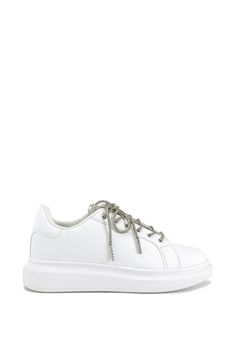 white faux leather lace up sneakers with crystal lace cords White Sporty Sneakers With Front Lace-up, White Sporty Lace-up Sneakers, White Sneakers With Lacing For Streetwear, White Sneakers For Streetwear With Lacing, White Lacing Sneakers For Streetwear, White Round Toe Sneakers With Lacing, White Sneakers With Round Toe And Lacing, White Sneakers With Lacing And Round Toe, Low-top Synthetic Sneakers With Lacing