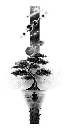 an artistic black and white drawing of a tree with planets in the background