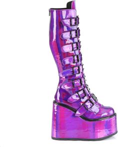 5 1/2" Platform Knee High Boot with eight Buckle Straps, Back Metal Zipper - Fit Guide: True to Size - Heel Height: 5 1/2" Platform - Brand: Demonia - Shown in Women's Sizes - Country of Origin: Imported Platform Knee Boots, Holographic Boots, Demonia Boots, Purple Holographic, Alternative Shoes, Single Sole Heels, Goth Boots, Demonia Shoes, Festival Shoes