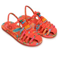 Nwt!!! Farm Rio Tropical Tube Strap Sandal Sz: 9 Color: Pink/Orange Crochet Flip Flops, Raffia Sandals, Beaded Flats, Sandal Platform, Beaded Sandals, Red Sandals, Black Rope, Flatform Sandals, Lace Up Sandals