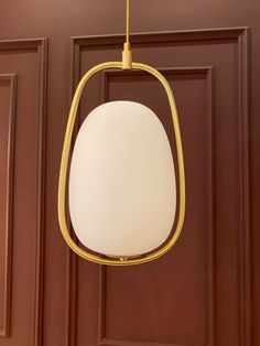 a light fixture hanging from the ceiling in front of a brown door with gold trim