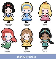 disney princesses cross stitch pattern in different sizes and colors, with the names on them