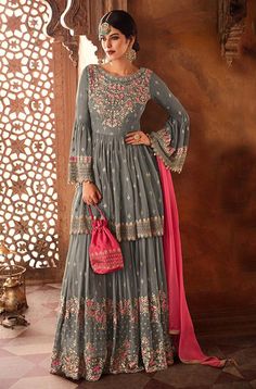 Georgette Sharara, Wedding Reception Party, Resham Embroidery, Sharara Suit, Reception Party, Dress Indian Style, Zari Work