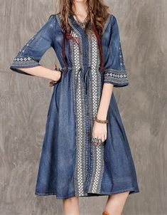 Women's Denim Dress High End Tribal Embroidery Floral V-Neck Mid Sleeve Western Style Cowgirl Dress Bohemian Long Sleeve Denim Blue Dress, Embroidered Bohemian Denim Dress, Denim Blue Bohemian Long Sleeve Dress, Fitted Denim Blue Bohemian Dress, Bohemian Embroidered Denim Dress, Blue Embroidered Bohemian Denim Dress, Blue Bohemian Embroidered Denim Dress, Bohemian Long Sleeve Denim Dress, Bohemian Long Sleeve Cotton Denim Dress