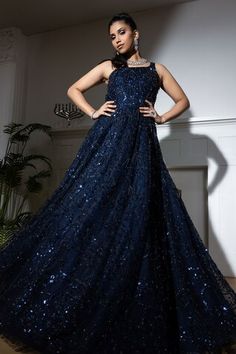 Midnight blue attached cancan and padded gown with heavy sequin cutdana embroidery with crystal fringes. - Aza Fashions Gowns Blue, Cutdana Embroidery, Net Gowns, Aza Fashion, Midnight Blue, Sequin, Embroidery, Crystals, Blue