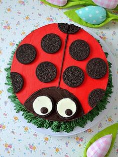 a cake decorated to look like a ladybug