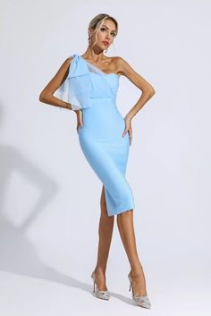 Absolutely elegant, it belongs to CATCHALL's Felicity Blue Bandage Midi Dress. It is made of elastic bandage fabric, designed with a one-shoulder mesh bowknot, and the skirt is knee-length, which well shows the superior figure curve. This piece is the perfect choice for any important occasion. Complete the chic look with heels.  Dress Length: Approx 105cm Materials: Bandage Gentle Dry Clean Only  Model is 5 ft 74 and wears size S  Colour may vary due to lighting on images. The product images (wi Fitted One-shoulder Dress With Bow For Party, Spring One Shoulder Evening Dress With Bow, Spring One-shoulder Evening Dress With Bow, Spring Evening One-shoulder Dress With Bow, Spring Evening One Shoulder Dress With Bow, Fitted One Shoulder Dress With Bow For Formal Events, Fitted One Shoulder Dress With Bow For Formal Occasions, Chic One-shoulder Dress With Bow For Spring, Chic One Shoulder Dress With Bow For Spring