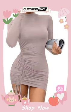 Women Fashion Solid Color High Neck Long Sleeve Creased Lace-up Dress Long Sleeve Mini Dress With Drawstring, Long Sleeve Mini Dress With Drawstring For Party, Party Mini Dress With Long Sleeves And Drawstring, High Neck Long Sleeve, Women's Fashion Dresses, Women Fashion, High Neck, Fashion Dresses, Lace Up