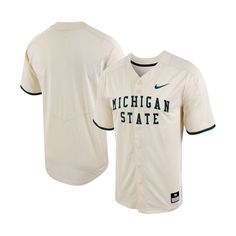 Get a look fit for the baseball diamond with this Michigan State Spartans Vapor Elite replica jersey from Nike. Constructed with Nike Dry fabric technology to keep sweat at bay, this jersey features a full-button front for a game-ready aesthetic perfect for any passionate Michigan State Spartans fan. Your enthusiasm for game day will be represented with ease when fellow supporters see the graphics on this jersey. Short sleeve Officially licensed Replica Jersey Brand: Nike Nike Dry fabrics move s Collegiate Cotton Baseball Jersey For Fans, Cotton Baseball Jersey With Team Logo And Collar, Casual Baseball Season Jersey For Fans, Casual Jersey For Baseball Season Fan Gear, Nike Collegiate Tops For Baseball Season, Varsity Tops With Baseball Collar For Fan Gear, Varsity Top With Baseball Collar For Fan Gear, Nike Baseball Jersey For Team Spirit, Nike Baseball Jersey For Sports Team Spirit