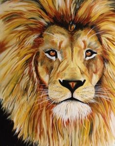 a painting of a lion with orange eyes