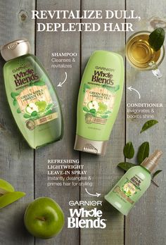 Do away with dull, depleted hair. Revitalize it with New Garnier Whole Blends Refreshing Haircare. It’s paraben-free and blooms with a tropical fragrance of Green Apple & Green Tea extracts. The Refreshing Shampoo cleanses and revitalizes while the Refreshing Conditioner invigorates and boosts shine. Use the Refreshing Lightweight Leave-in Spray to instantly detangle and prime hair before styling. Explore the full Refreshing Haircare System for naturally beautiful hair. Shiny Hair Shampoo, Apple Shampoo, Garnier Whole Blends, Whole Blends, Tropical Fragrance, Nails Green, Little Life, A Little Life, Naturally Beautiful