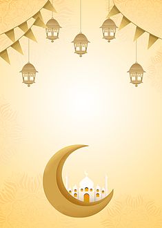 a crescent with lanterns hanging from it and a mosque on the moon in the middle