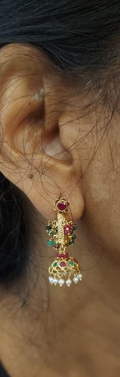 makarakundanalu - 22 karat gold hoop earrings with ruby , emerald , beads & pearls 
   - 235-GER6606 - in 13.850 Grams for USD $1,618.98 USD. 
Made in India by Totaram Jewelers Online this product is in Gold - 22 Karat BIS Hallmark 916 Gold  & is an excellent gift for Adult - Women. Ships fully insured with secured guaranteed delivery for free with your order over $250 from New Jersey USA & comes with 30 days exchange policy. 22k Gold Temple Jewelry Earrings For Navratri, Festive 22k Gold Temple Jewelry Danglers, 22k Gold Earrings For Puja Navratri, Gold Plated Temple Jewelry Danglers For Puja, 22k Gold Earrings For Puja During Navratri, Makara Kundanalu Earrings In Gold, 22k Gold Cutdana Earrings For Puja, Festive Temple Jewelry Hoop Earrings, 22k Gold Temple Jewelry Hoop Earrings