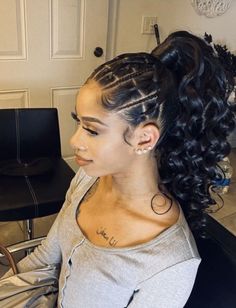 Braid Styles For Natural Hair No Weave, Braided Curly Ponytail Black Women, Quick Braid Ponytail Styles Black Hair, Braided Hair Into Bun, Game Day Braids Hairstyles, Braids With Ponytail Hairstyles, Cornrow Ponytail With Curls, Ponytail With Braids In Front Black Hair, Braided Up Do