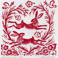 a red and white drawing of rabbits surrounded by flowers