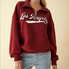 Burgundy Brand New Sweater Embroidery- Los Angeles Red Sweatshirt With Letter Embroidery For Winter, Red Letter Embroidery Sweatshirt For Winter, Red Long Sleeve Top With Letter Embroidery, Red Letter Embroidery Sweatshirt For Fall, Half Zip Up Sweater, Sweater Embroidery, Maternity Cardigan, Oversized Turtleneck Sweater, Embroidery Sweater