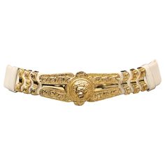 Judith Leiber White Belt W/ Gold Lions Head Clasp. Measurements: Longest length - 39.5 inches Shortest length - 23 inches Width - 1.25 inches The Paper Bag Princess, Paper Bag Princess, Judith Leiber Bags, Purple Belt, Lions Head, Gold Lion, Pink Monogram, Silver Belts, Suede Belt