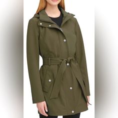 Brand New Dkny Belted And Hooded Jacket Plus Size 1xl Louden Green (Olive) New Without Tags Green Olive, Olive Color, Hooded Jacket, Olive Green, Trench Coat, Jackets For Women, Jackets & Coats, Plus Size, Brand New