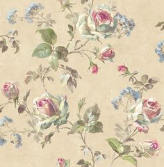 a floral wallpaper with pink roses and blue flowers