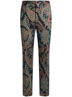 navy blue multicolour full jacquard paisley pattern button fly fastening belt loops two side slit pockets two rear button-fastening jetted pockets pressed crease slim cut Etro Paisley, Aviator Watch, Balenciaga Triple S, Dress Watch, Short Suit, Custom Watch, Tailored Pants, Sweaters Knitwear, Tailored Trousers