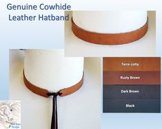 Hatband made from cowhide leather and includes adjustable deerskin tie  in back.  Will be made at approximately 22.5" in length unless you put a different size under Personalization.  Shown on a Size 7 cowboy hat.  Designed and handmade by me.  Hat is not included.  Available in 1/2", 3/4", 1" in Terra-Cotta, Rusty Brown, Dark Brown.  Other colors available upon request - just message me. This leather hat band can be custom laser engraved with your name, ranch name, add some horseshoes or just a Adjustable Brown Leather Hat Bands, Brown Leather Hat Bands For Western-themed Events, Custom Brown Hat Bands, One Size Fits Most, Western Brown Hat Bands With Feather Trim, Brown Hat Bands With Feathers For Western-themed Events, Brown Beaded Hat Bands For Western-themed Events, Hair Keepsake, Boot Bracelet, Decorative Beads