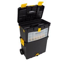 a black and yellow tool box with two compartments on the front, one is filled with tools