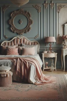 a bedroom with blue walls, pink bedding and an ornate mirror above the bed