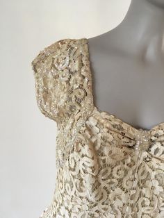 Vintage 1950's Beige Lace Party Dress with Sequin Details, Size medium Gold Lace Dress For Party, Gold Lace Party Dress, Party Lace Dress With Fitted Bodice And Lace Sleeves, Beige Lace Dress For Evening, Gold Party Dress With Lace Trim, Vintage Party Dress With Lace Sleeves, Elegant Lace Vintage Dress For Party, Beige Scalloped Lace Dress For Party, Elegant Lace Vintage Party Dress