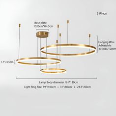 an image of a modern chandelier with various lighting sizes and measurements for it