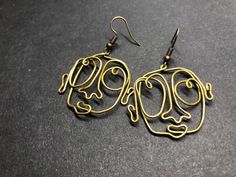 Artsy Gold Metal Earrings, Artsy Gold Wire Wrapped Earrings, Artsy Gold Brass Earrings, Artsy Gold Earrings With Ear Wire, Picasso Jewelry, One Line Art, Face Earrings, Abstract Face, Halloween Jewelry