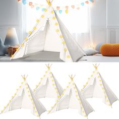 three different views of a teepee tent with lights on the top and below it