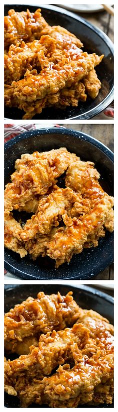 the process of making fried chicken in a skillet with sauce on top and bottom