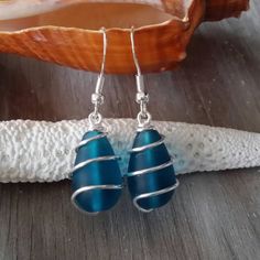 Handmade in Hawaii, Wire wrapped teal blue sea glass earring, 925 sterling silver hook, gift box, se Blue Sea Glass Necklace, Wire Wrapped Turquoise, Ocean Earrings, Hawaii Jewelry, Beachy Jewelry, Teal Earrings, Sea Glass Bracelet, Hawaiian Jewelry, Beachglass Jewelry