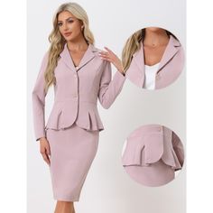 The set features a long-sleeve blazer with a notched lapel design that accentuates the sophisticated look of the suit. The peplum detail on the blazer adds a feminine touch and enhances your curves. It is a must-have choice for your work wardrobe in the new season. The pencil skirt in this set complements the blazer perfectly with its sleek design. It features a high waistline that flatters your figure and creates a professional look. The knee-length cut makes the skirt appropriate for formal an Fitted Single Button Office Lady Blazer, Notched Blazer Dress For Office, Workwear Set With Single Button And Long Sleeves, Long Sleeve Single Button Blazer Dress For Office, Single Button Long Sleeve Blazer Dress For Office, Fitted Long Sleeve Sets For Business Casual, Professional Long Sleeve Sets For Business Casual, Fitted Notch Lapel Office Lady Sets, Classic Long Sleeve Office Sets