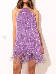 Women's Gold Sequin Dress Fringe Dress Party Dress Sparkly Dress Homecoming Dress Mini Dress Purple Sleeveless Sparkly Glitter Spring Fall Winter Halter Neck Fashion Mini Length Sequin Fabric For Prom Season Party, Prom Season Mini Sequin Dress, Sequin Mini Fabric For Prom Party, Mini Sequin Fabric For Prom Party, Sequin Mini Dress For Homecoming, Party-ready Sleeveless Sequin Dress For Prom, Sleeveless Sequin Fabric For Prom Season Party, Sleeveless Sequined Evening Dress, Pink Sequin Mini Length Fabric For Party