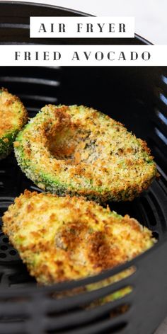 air fryer fried avocados in a black pan with text overlay that reads air fryer fried avocado