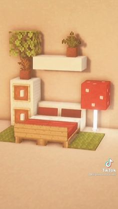 a paper model of a bedroom with plants on the shelves and a bed in the middle